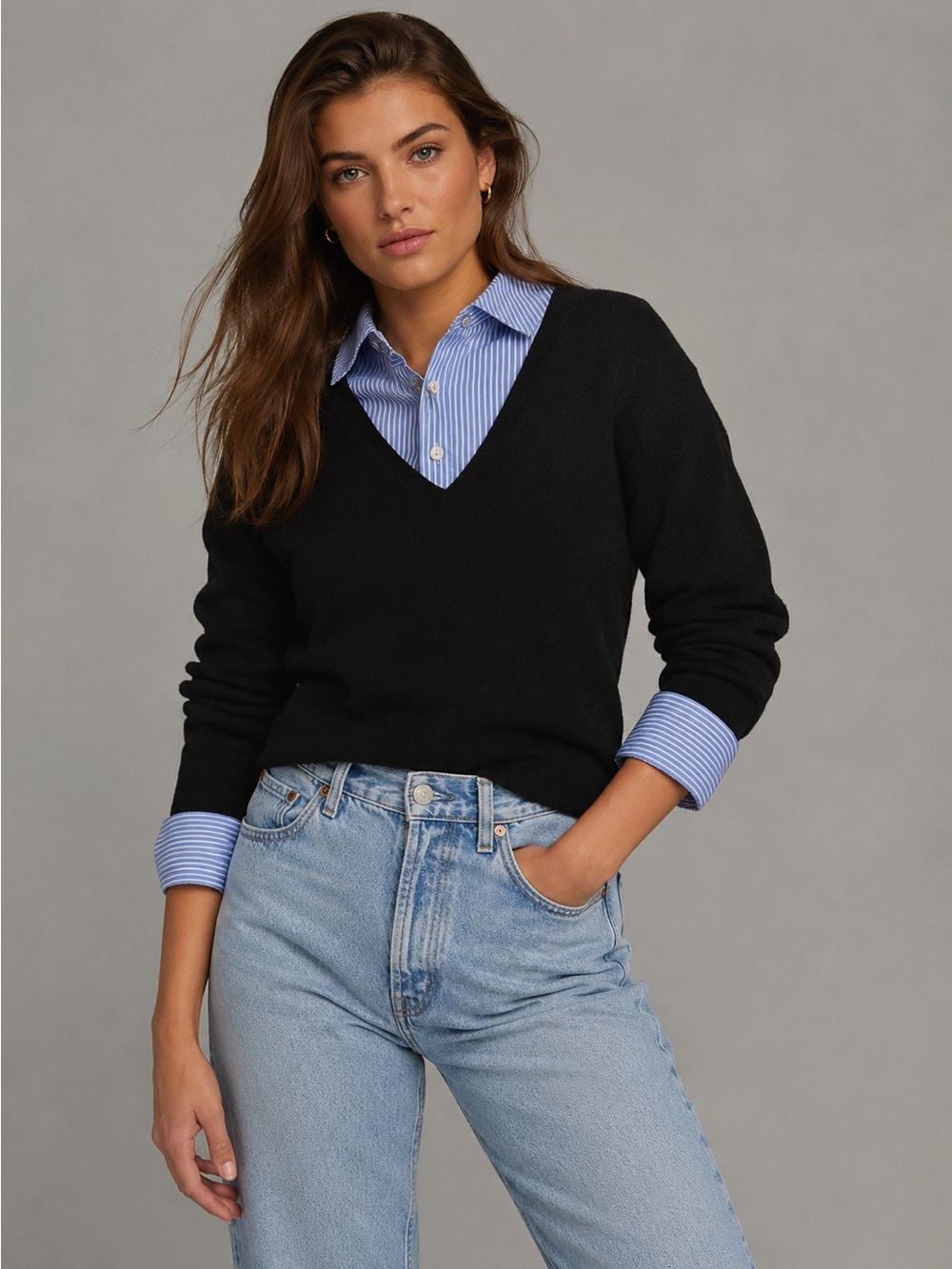 Sioni Striped V-Neck Layered Button-Down Blouse Sweater Dolman Bat-Wing Large